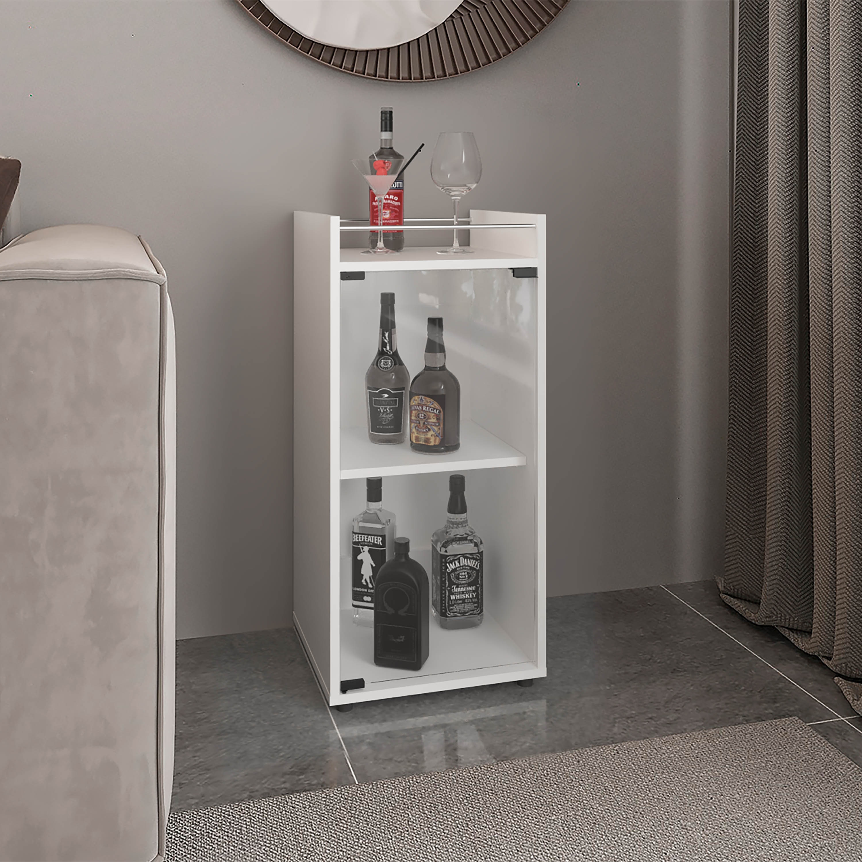 Minibar Cabinet Two Doors,Open Shelf And Compact Design Modern Bar Storage