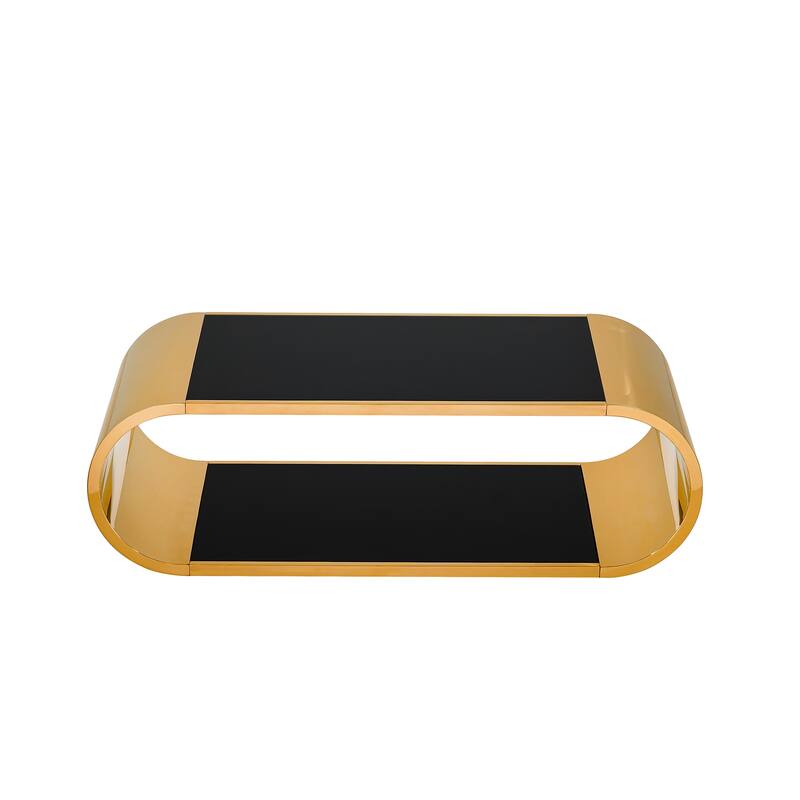 Modern Oval 2-Tier Coffee Table End Table with Gold Stainless Steel Frame, Accent Table Dining Table with Tempered Glass