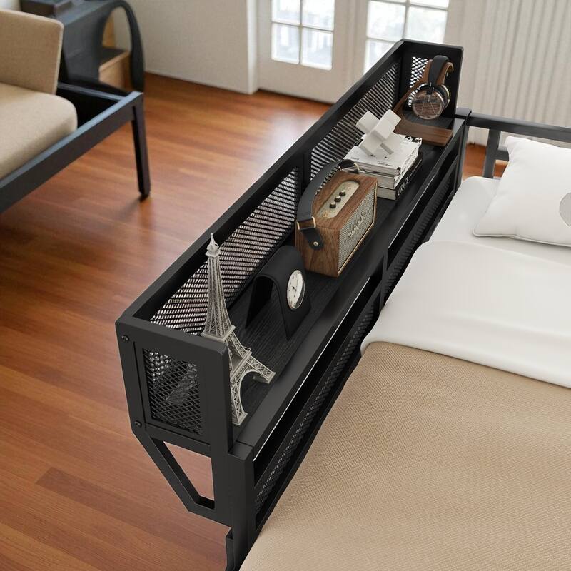 Full Size Metal Loft Bed with Ladder & Upper Storage Shelf, 55 in Clearance, Guardrails, 300 lb Capacity