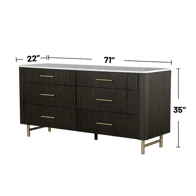 6 Drawers Wooden Dresser with Faux Marble Top in Espresso Finish