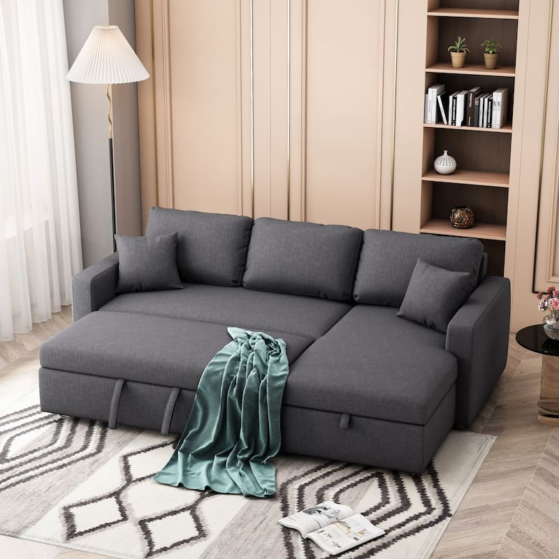 Upholstery Sleeper Sectional Sofa Grey with Storage Space, 2 Tossing Cushions