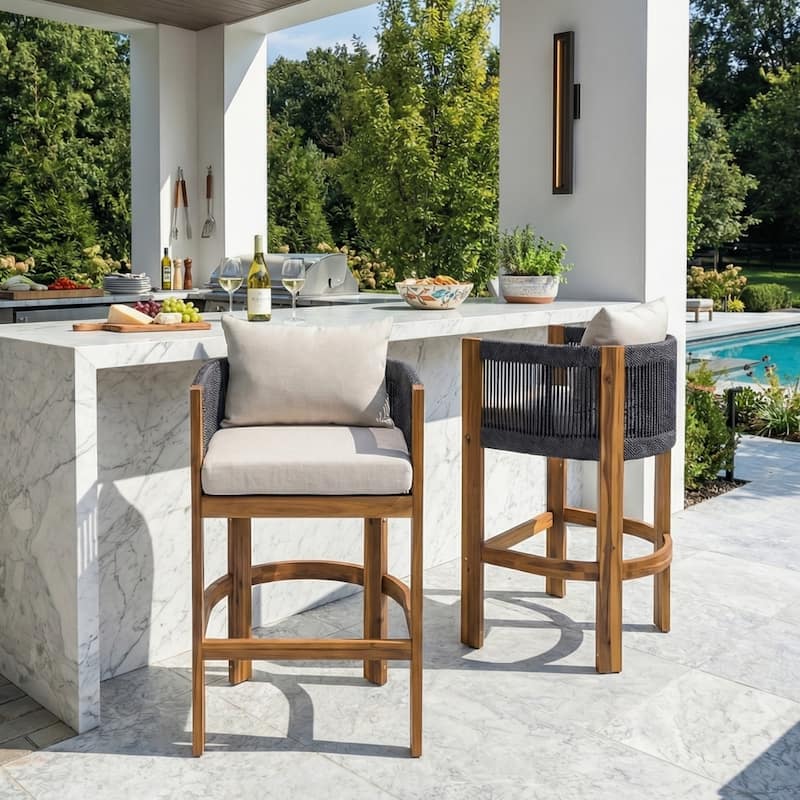 Christopher Knight Home - Martinez Outdoor Acacia Wood Barstools With Rope Armrests