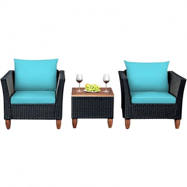 3 Pcs Outdoor Patio Rattan Furniture Set Wooden Table Top Cushioned Sofa - 29" x 27" x 28" (L x W x H)