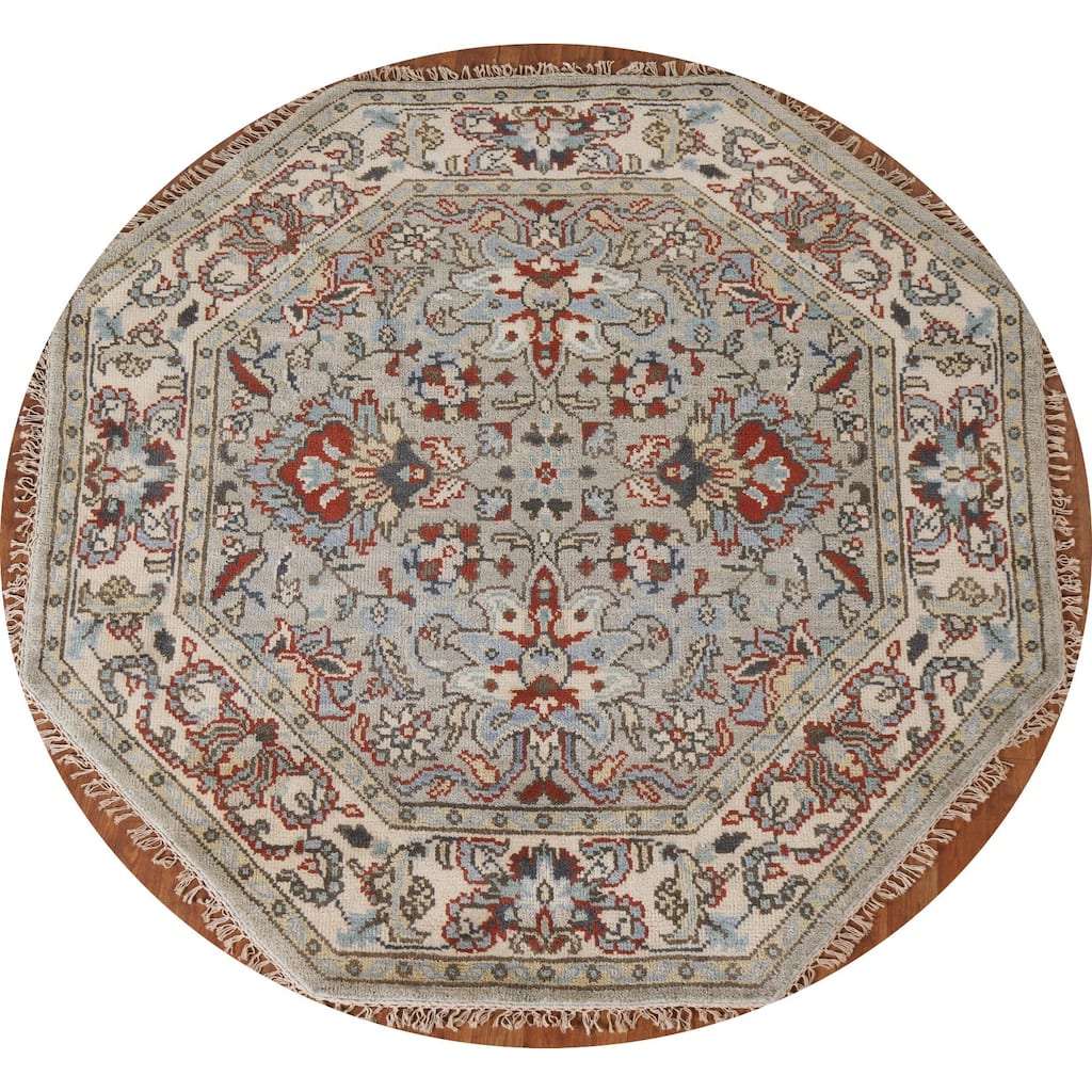 Floral Heriz Serapi Indian Octagon Area Rug Handmade Wool Carpet - 5'11"x 6'1"