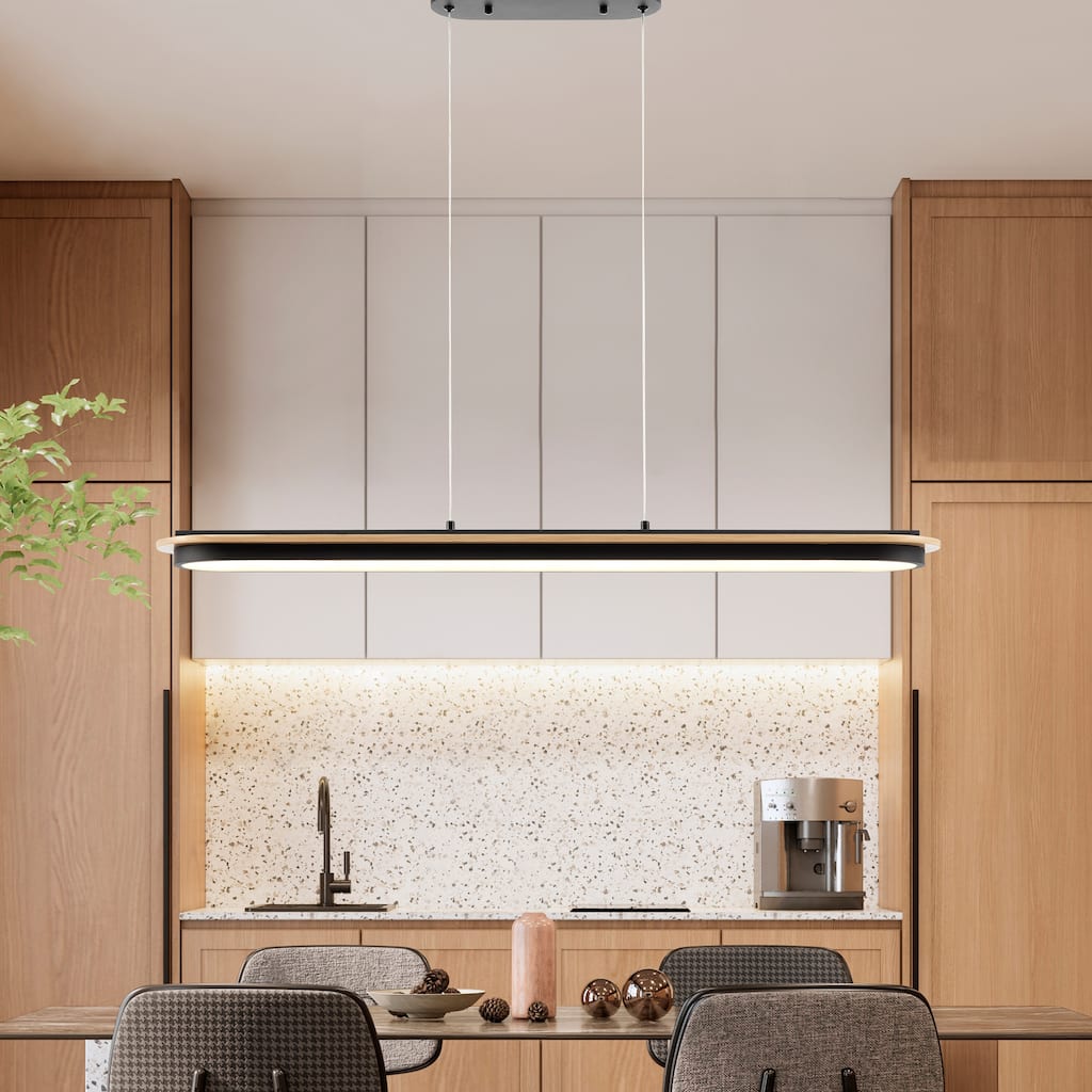 Curved Linear Satin Black & Wood Chandelier - N/A