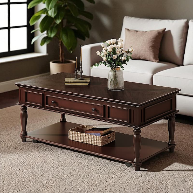 Farmhouse Coffee Table with Drawer and Shelf, 47.2" Rectangular Cocktail Table with Wheels, Rustic Wood Accent - Espresso