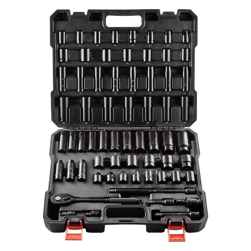 65 PCS Impact Socket Set SAE and Metric Cr V Cr Mo Steel 1 2 Inch Drive with Ratchet Handle Extension Bars and Toolbox - 65pc
