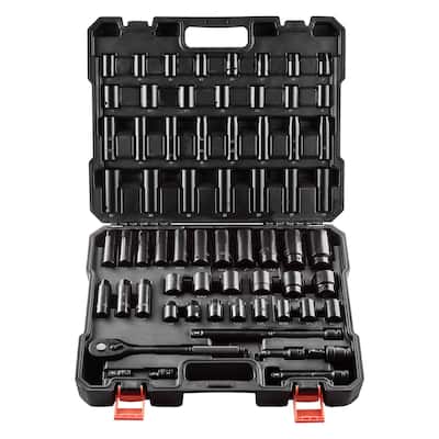65 PCS Impact Socket Set SAE and Metric Cr V Cr Mo Steel 1 2 Inch Drive with Ratchet Handle Extension Bars and Toolbox - 65pc