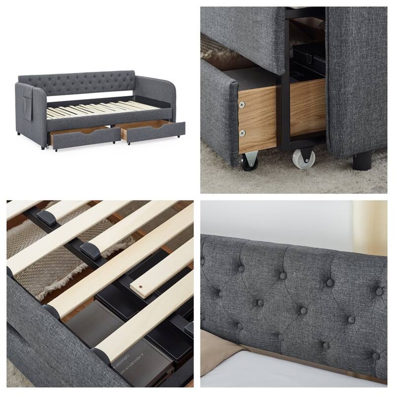 Twin Size Linen Upholstery Daybed with Trundle and 2 Drawers