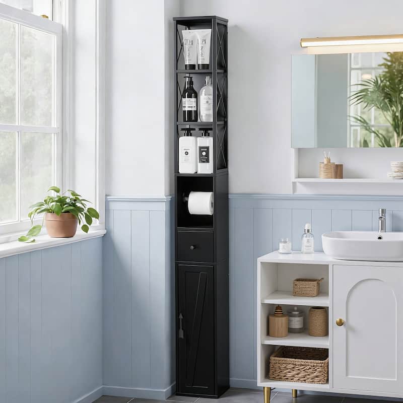 Javlergo Tall Bathroom Cabinet, Narrow Slim Storage Cabinet with Toilet Paper Holder and Drawer For Small Spaces
