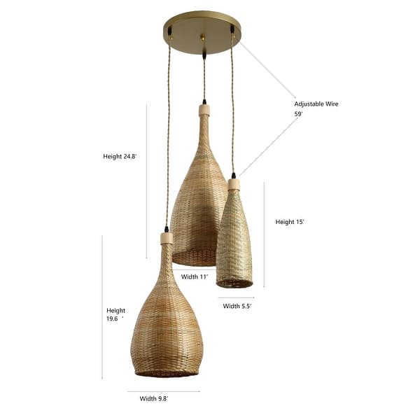 dimension image slide 1 of 2, Ele Three Lights Rattan Pendant