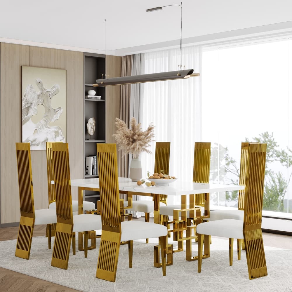 Faux Mable Dining Table Set with White Boucle and High Back Chairs