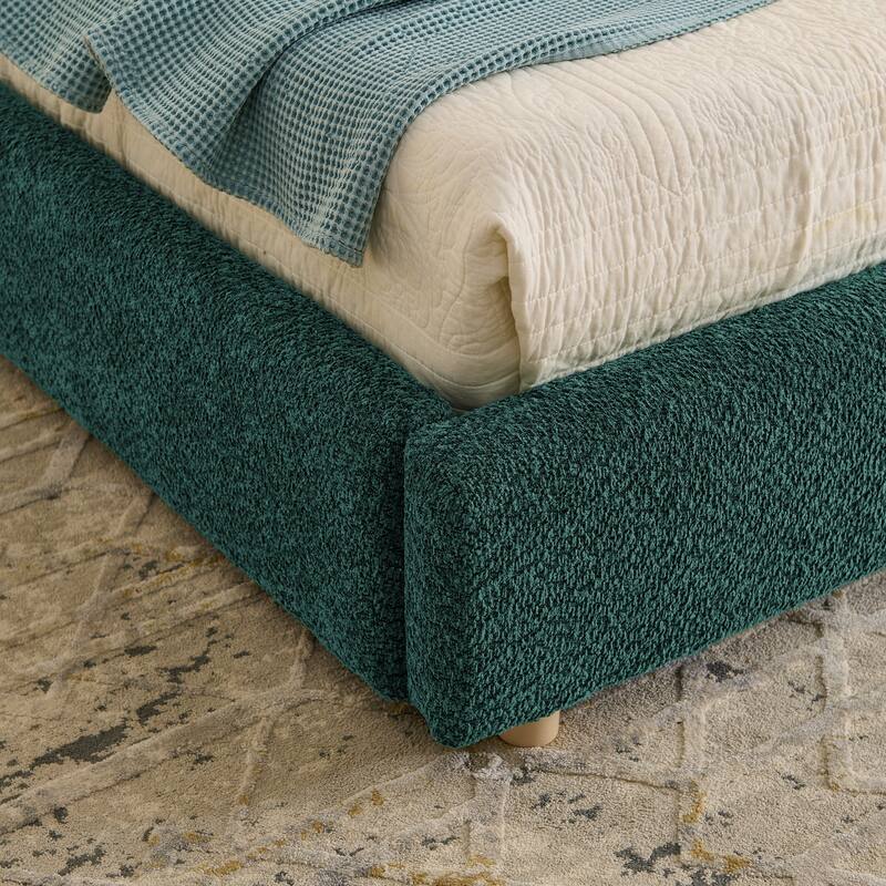 King Size Upholstered Bed Frame Modern Minimalist Style - Circle Yarn Fabric, Tall Curved Headboard