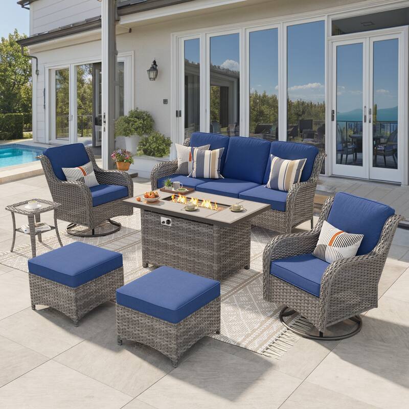 OVIOS 7-piece Patio Swivel Chair Set with 42" Fire Table - Navy Blue-Grey Wicker