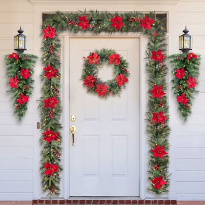 Glitzhome 9ft Pre-Lit Greenery Pine Poinsettia and Red Berries Christmas Garland, with 70 Warm White Lights and Timer