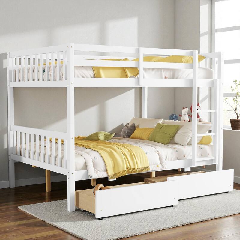 Full Over Full Rubber Wood Bunk Bed with 2 Storage Drawers, Convertible into 2 Full Beds, Ladder and Safety Guardrails