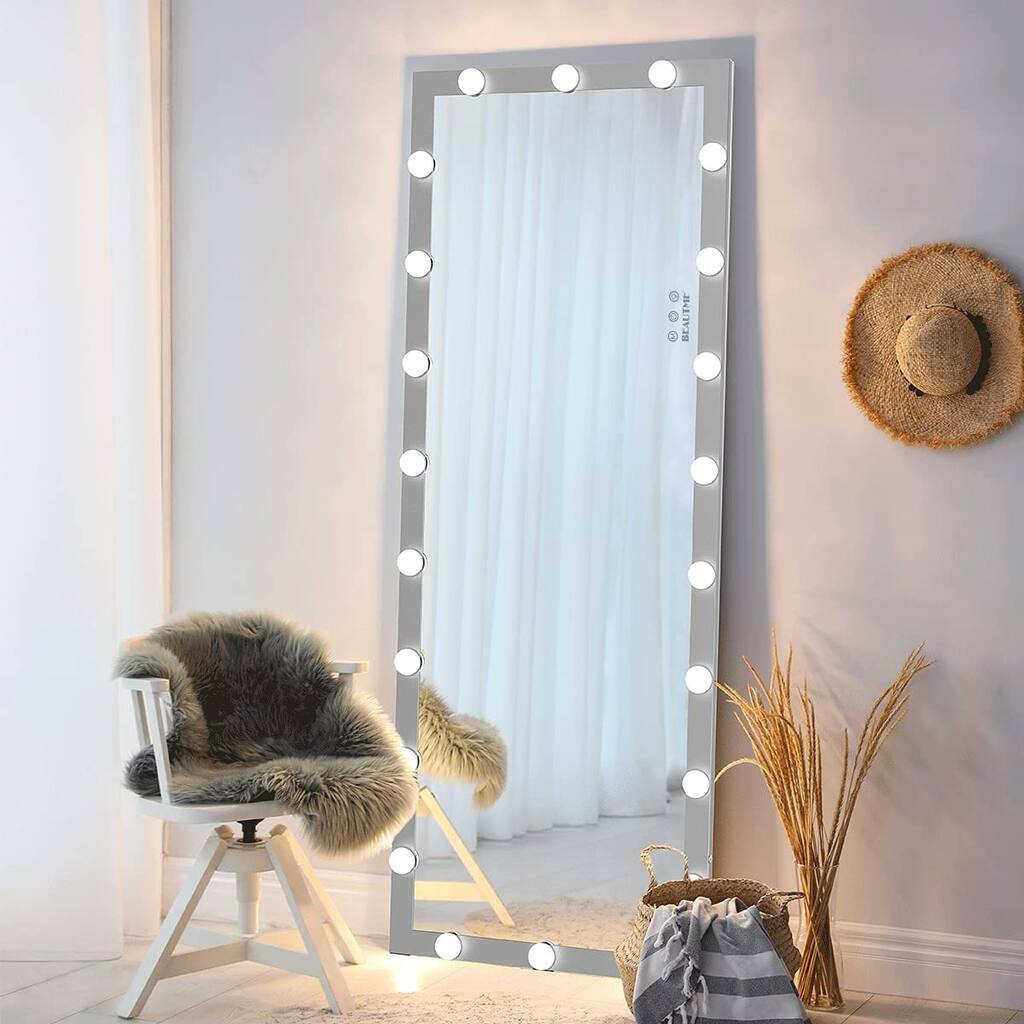 Glam Rectangle Full Length Floor Mirror with 3 color Lights for Powder Room