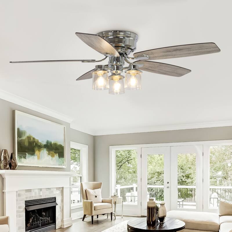 52" Modern Indoor Chrome Flush Mount Reversible Chandelier Ceiling Fan with Light and Remote
