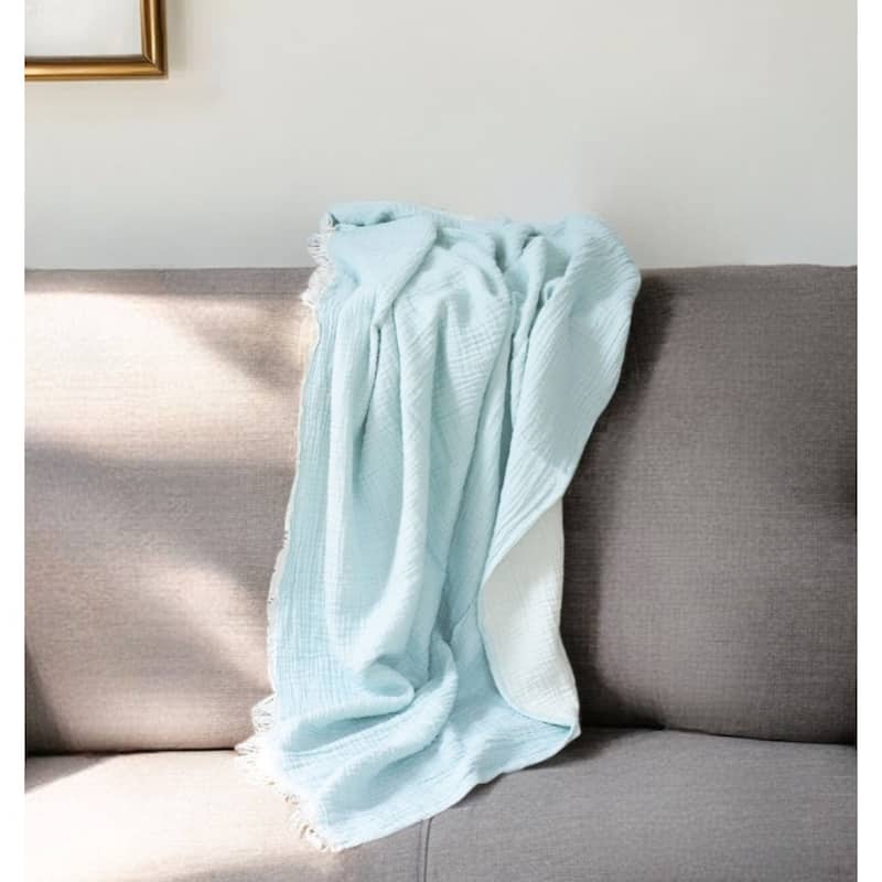 HomeRoots 47" X 60" Aqua Cotton Woven Turkish Towel Throw Blanket with Fringe - Throw - Aqua