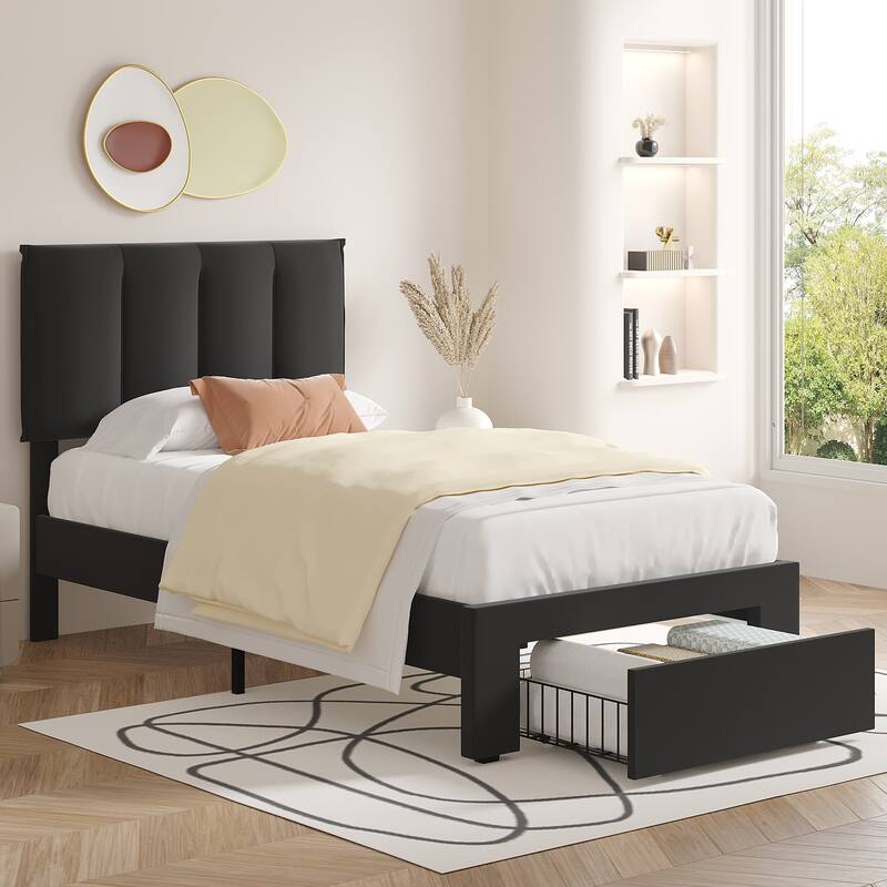 Black Bed Frame with 4 Storage Drawers, Upholstered Platform Bed Frame with Adjustable Headboard
