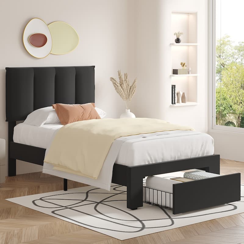 Javlergo Bed Frame with Storage Drawers, Upholstered Platform Bed Frame with Adjustable Headboard