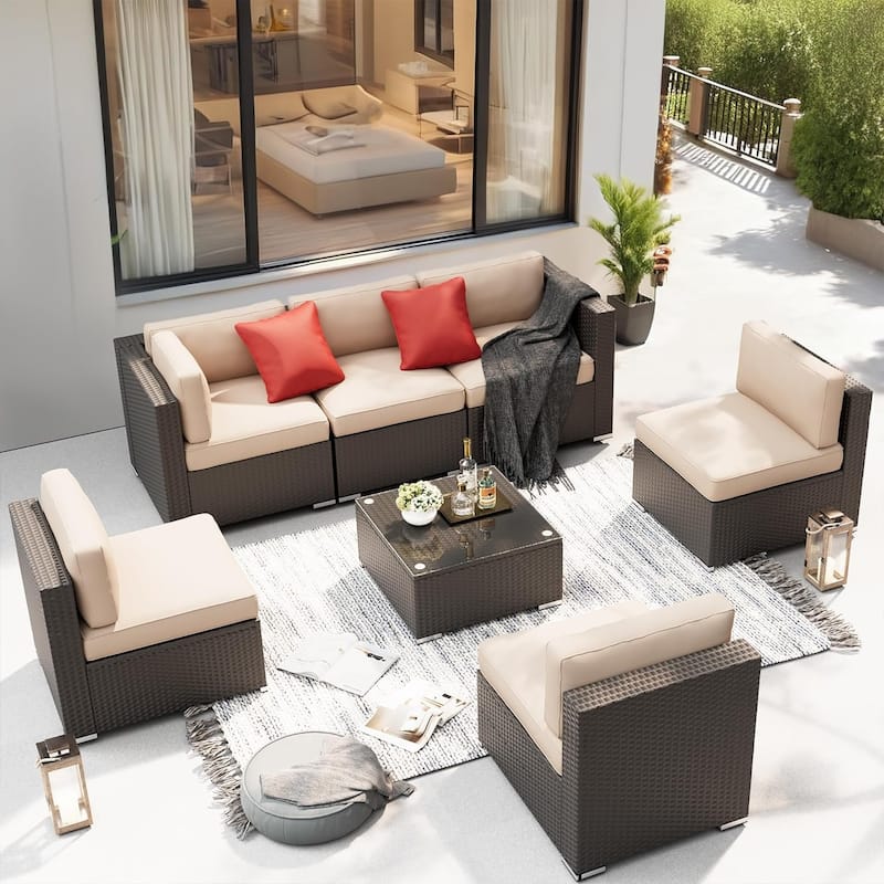 7-piece Outdoor Patio Black Wicker Rattan Cushioned Sectional Sofa Conversation Set by Havenside Home