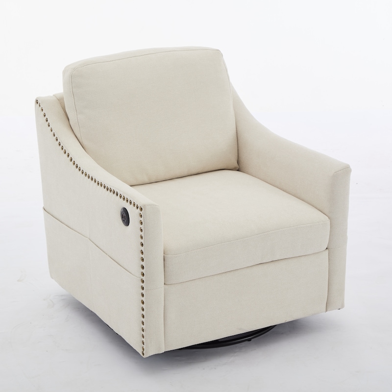 Wood+Fabric 360° Swivel Accent Chair with USB Port and Magazine Pockets