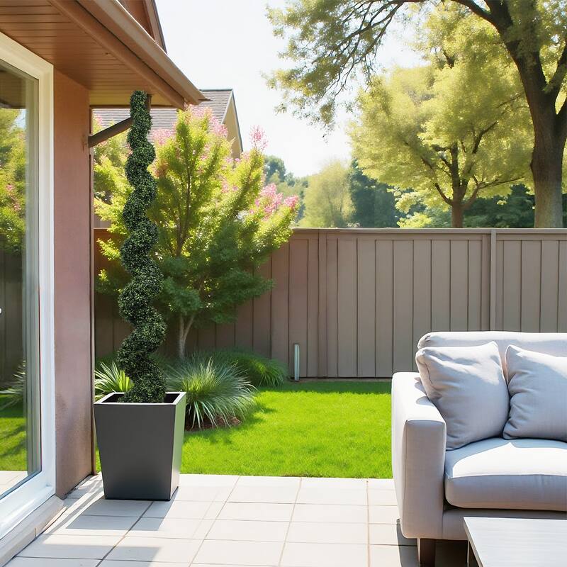 7FT Spiral Topiary Trees Artificial Outdoor Faux Boxwood Plants Large Twisted Green Potted Trees with Dark Green Leaves 1pc/set