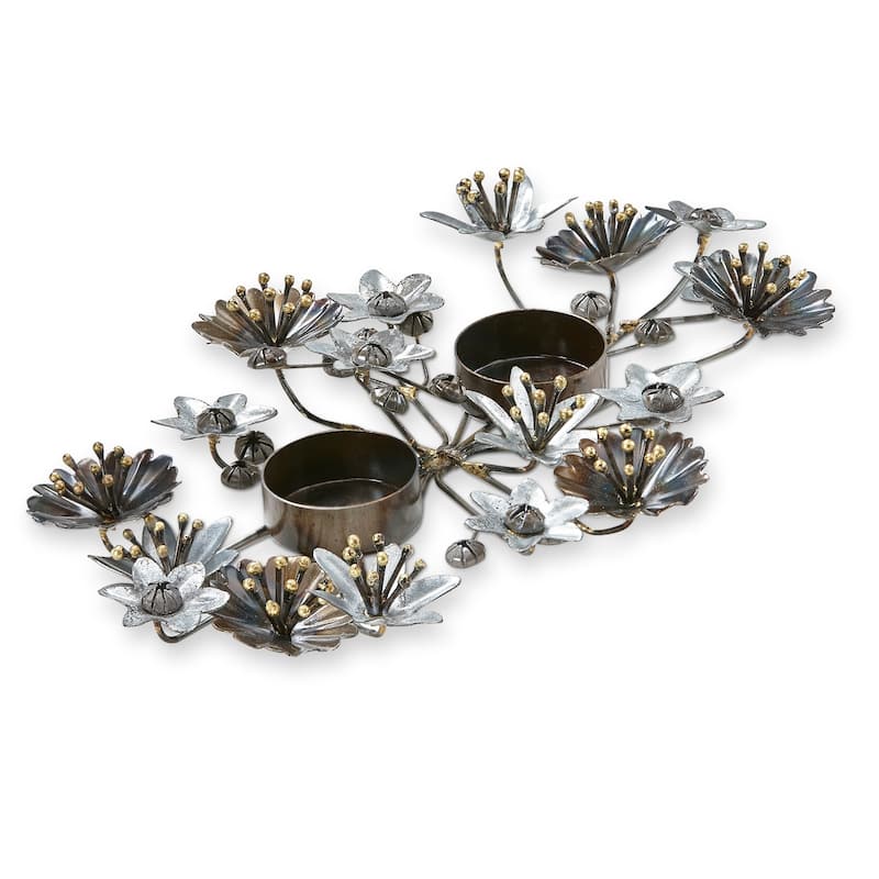Flora Metal Flower 2 Tealight Candle Holder, 12.0L x 8.0W x 1.5H inches, Tabletop Mantel Centerpiece Decorations