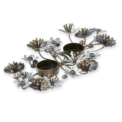 Flora Metal Flower 2 Tealight Candle Holder, 12.0L x 8.0W x 1.5H inches, Tabletop Mantel Centerpiece Decorations