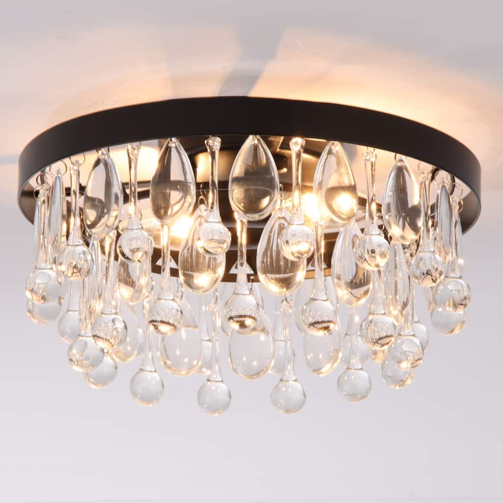 12" 2-Light Modern Chrome/Black Crystal Flush Mount Ceiling Light - Minimalist Crystal Drop Fixture for Bedroom