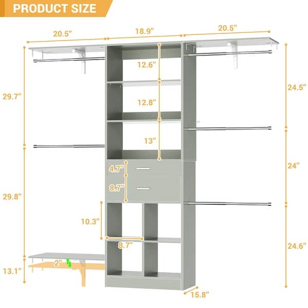 dimension image slide 5 of 6, Closet Organizer with Wooden Drawers & Cube, 5FT Adjustable Closet System for Nursery & Kid's Room