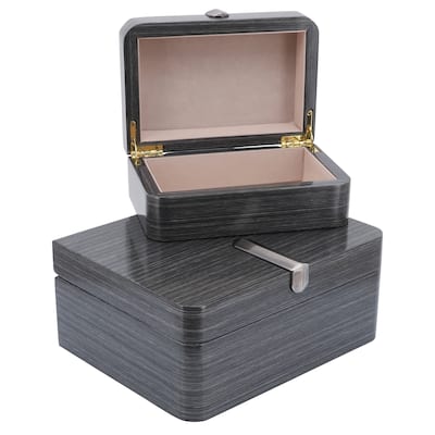 Set of Two, 7"Lx5"Wx3"H/9"Lx5"Wx4"H Wood Boxes with Metal Clasp and Fabric Interior, Gray Finish, Storage Container and
