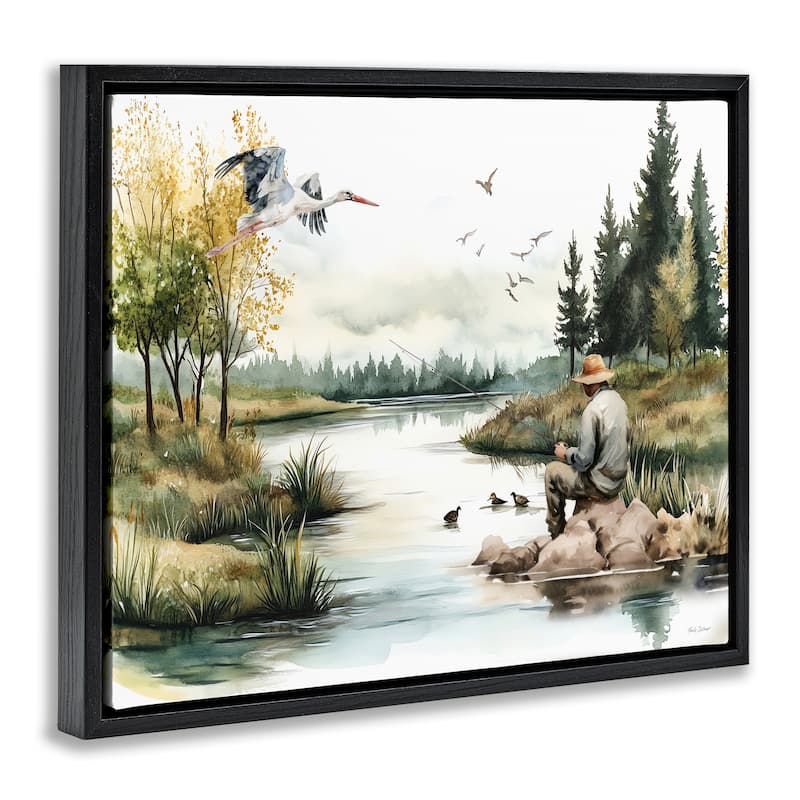 Stupell Fishing by River Landscape Framed Floater Canvas Wall Art Design By Nicole DeCamp