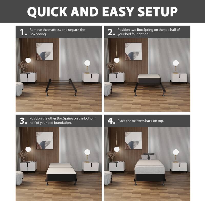 Onetan 4-Inch Wooden Box Spring, Low Profile Split Bed Foundation Ideal for Mattress, No Assembly Needed, White & black.