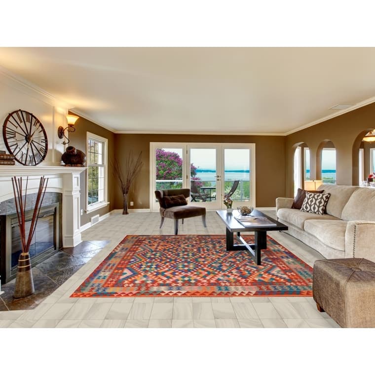 South Western Style Kilim Area Rug Hand-Woven Multi-Color Wool Carpet - 8'1" x 9'10"