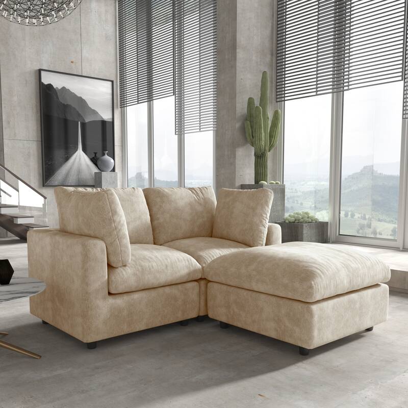 Modern Loveseat Couch with Ottoman Chenille Modular Sectional Sofa Removable Cover, Spring Cushions, Solid Wood Frame