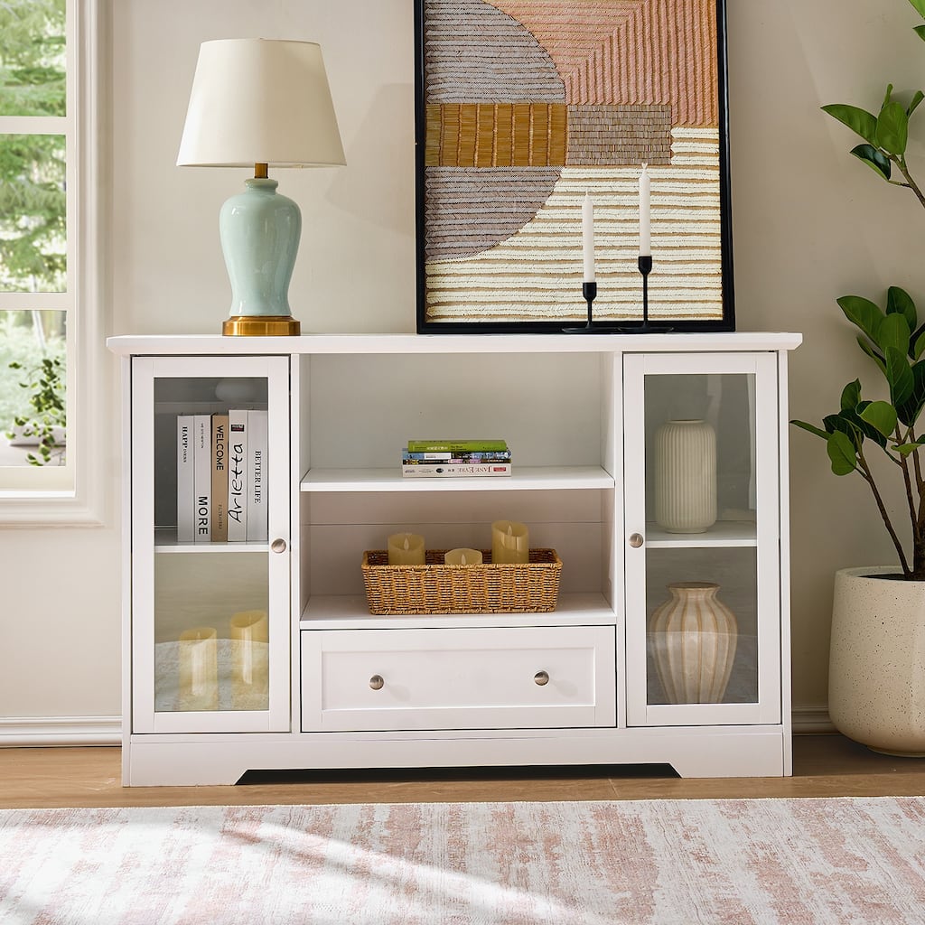 Sideboard Cabinet with 2 Glass Doors & 1 Drawer, Large Kitchen Storage Cabinet, Wooden Coffee Bar with Adjustable Shelves
