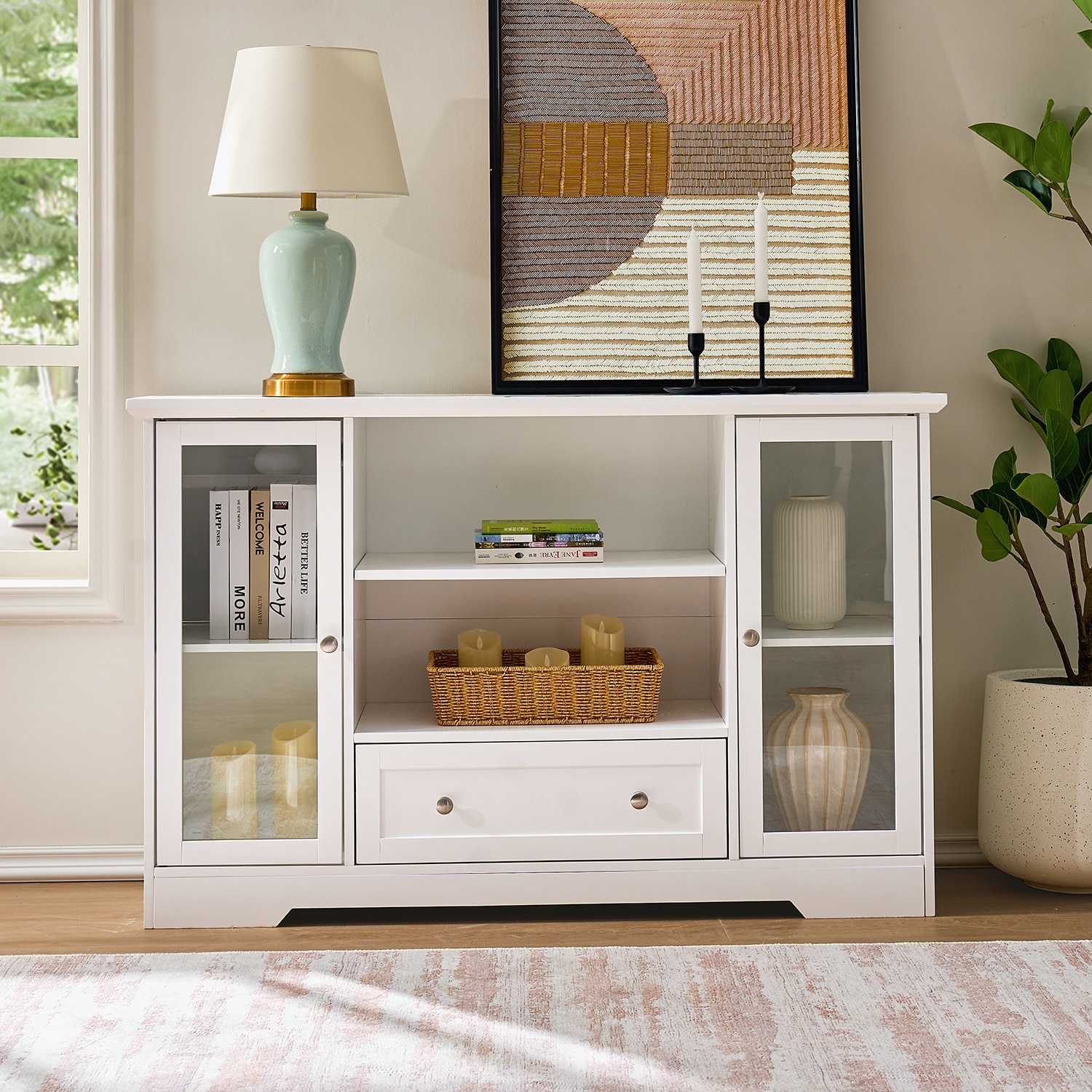 Sideboard Cabinet with 2 Glass Doors & 1 Drawer, Large Kitchen Storage Cabinet, Wooden Coffee Bar with Adjustable Shelves