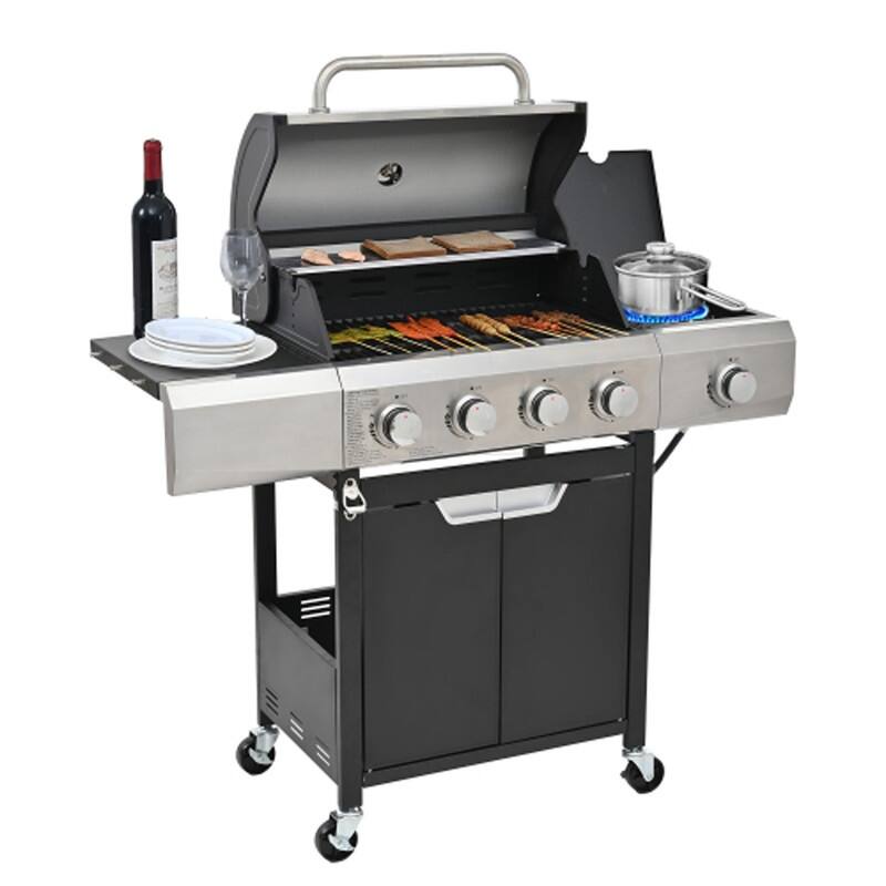 4-Burner Stainless Steel Propane Grill – Side Burner, 51K BTU, Outdoor/Camping/Backyard Barbecue – Black/Silver - Propane Gas