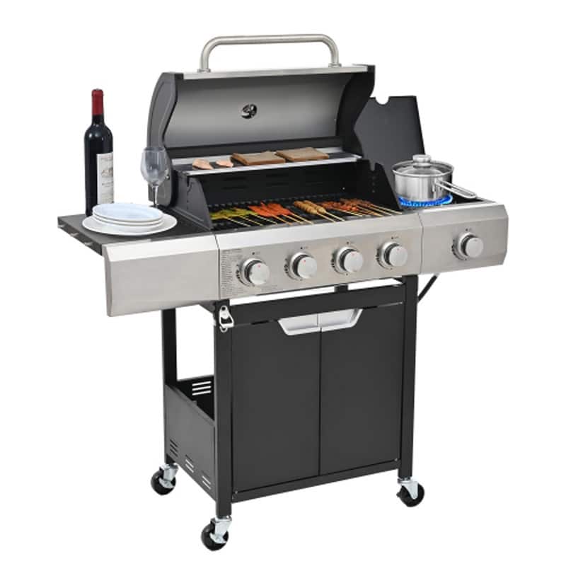 4-Burner Stainless Steel Propane Grill – Side Burner, 51K BTU, Outdoor/Camping/Backyard Barbecue – Black/Silver