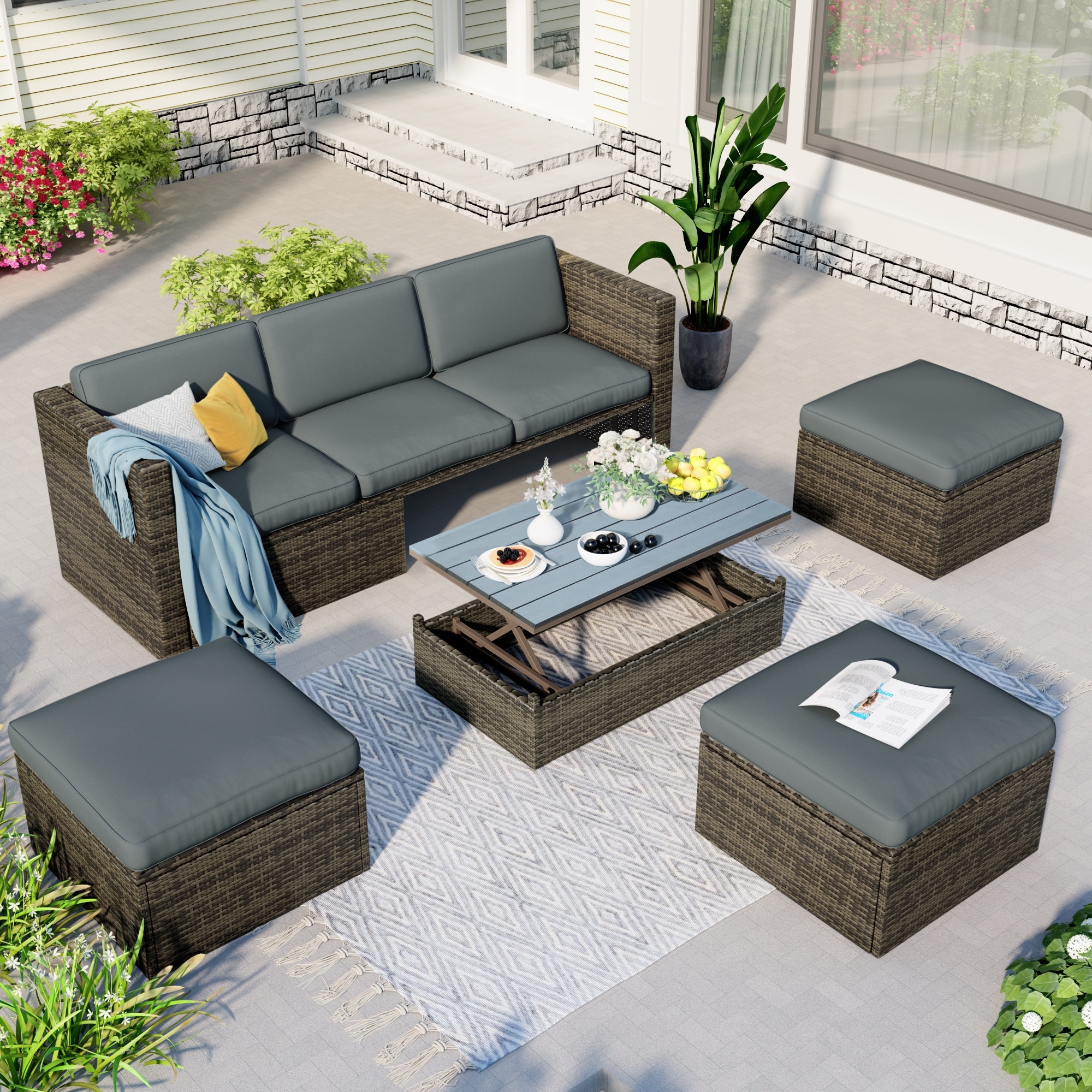Rattan sofa set hot sale with adjustable table