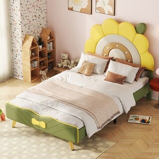 Twin Size Upholstered Platform Bed with Sunflower Shaped Headboard, Cute Bedframe w/Wood Slats Support for Kids Girls Boys Green