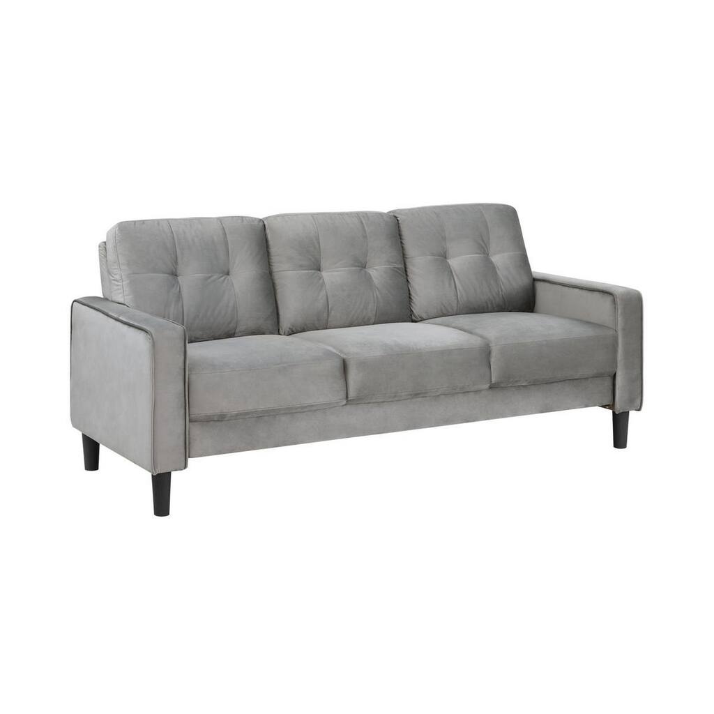 Miley 77 Inch Sofa, Gray Velvet, Tufted Back, Track Arms, Solid Wood Frame
