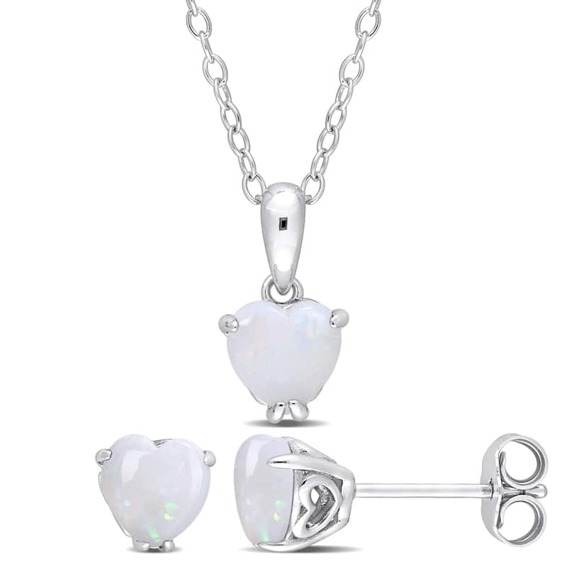 Miadora 1 1/2ct TGW Heart-Shape Opal 2-Piece Set of Necklace and Earrings Sterling Silver