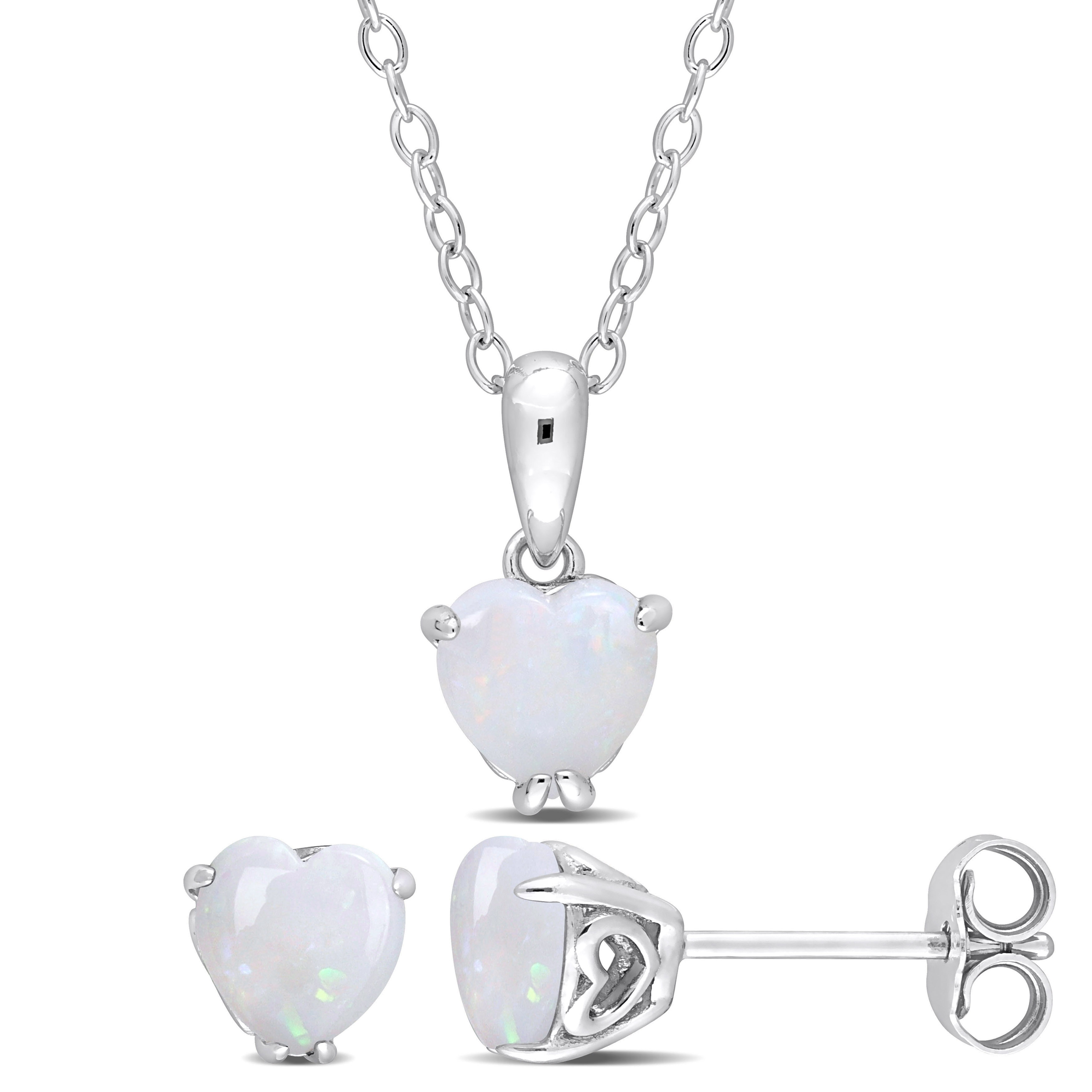 Miadora 1 1/2ct TGW Heart-Shape Opal 2-Piece Set of Necklace and Earrings Sterling Silver