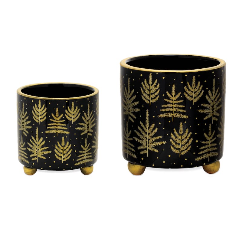 HomeRoots Set of Two Black And Gold Ceramic Pot Planters - 4 in. x 4.25 in. x 4 in.