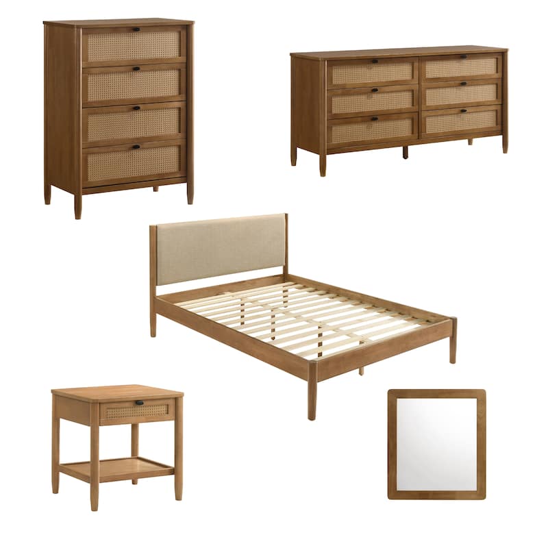 Roundhill Furniture Vichy 5-Piece Rattan Bedroom Set with Upholstered Bed, Dresser, Mirror, Nightstand, and Chest