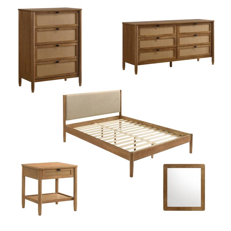 Vichy 5-Piece Rubberwood Bedroom Set with Textured Polyester Upholstered Queen Bed, Dresser, Mirror, Nightstand, and Chest