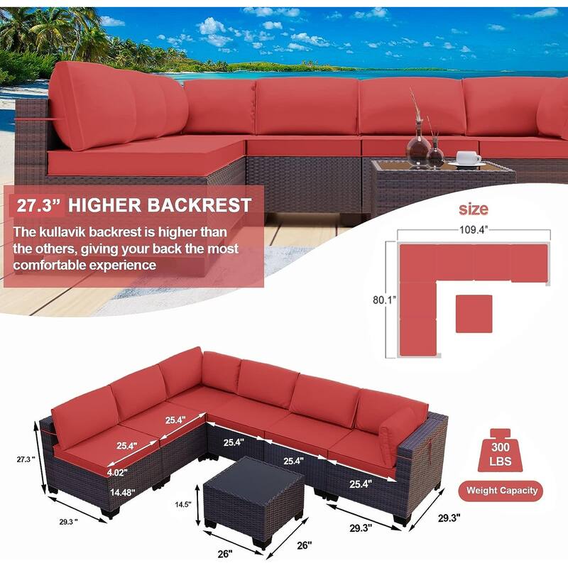 Kullavik 7 Pieces Outdoor Sectional Sofa Set Brown Wicker Patio Conversation Set with Seat Cushions and Tempered Glass Table